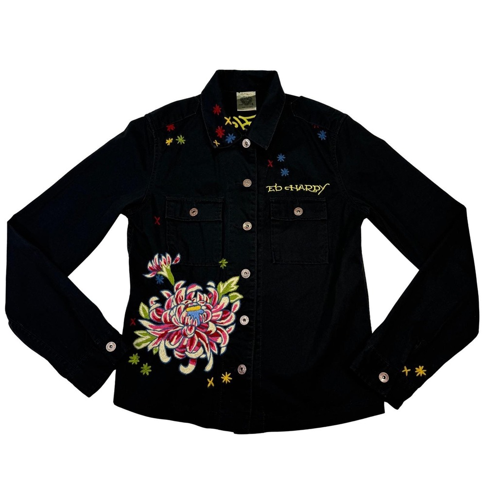 Ed Hardy Black Embroidered Floral Eagle Denim Jacket‎ Women's Size L